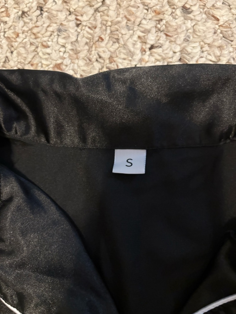 Black Satin Short Sleeve Pajama Set with White Piping - Picture 2 of 2